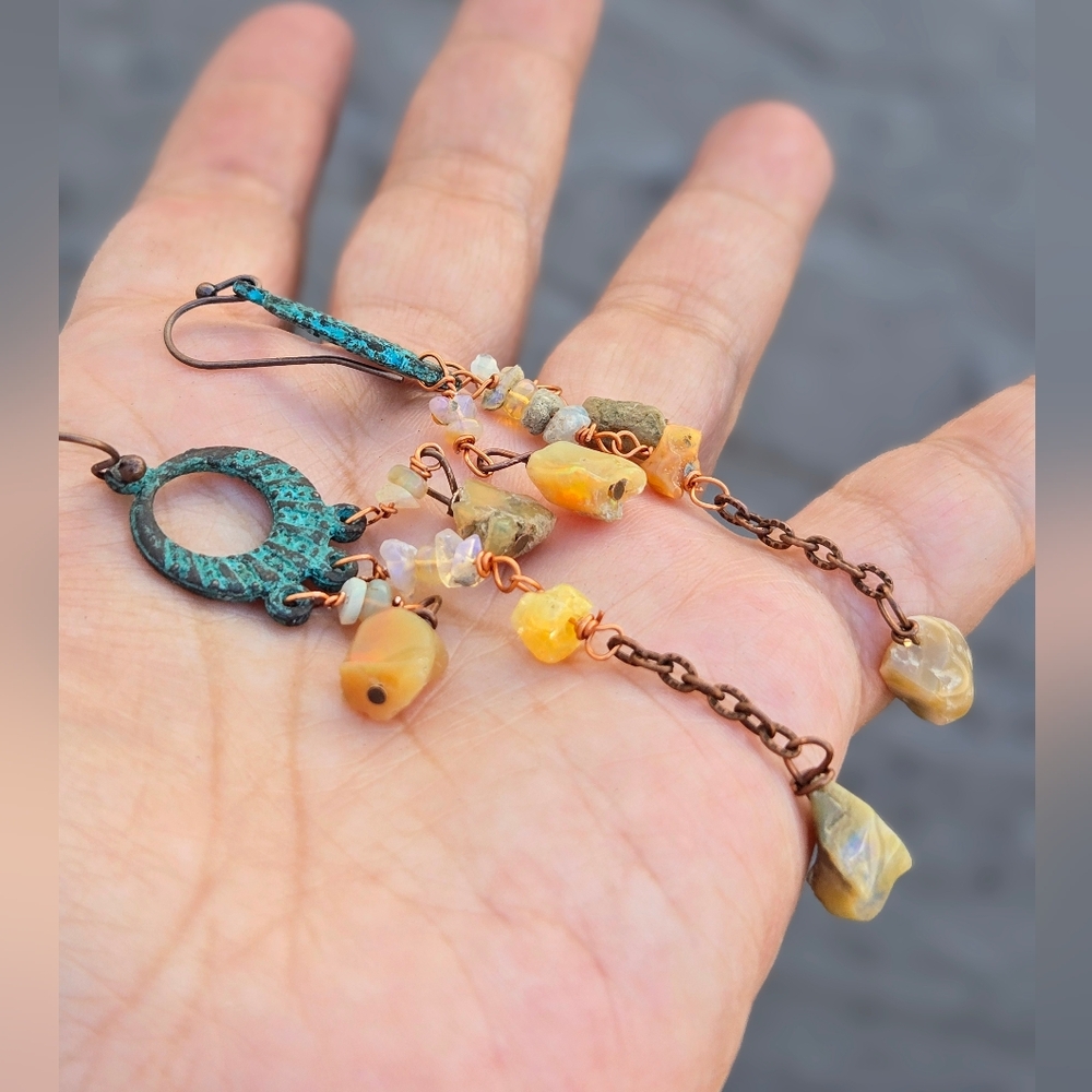 Spellbinding Ethiopian Welo Yellow Opal In Verdigris Blue Patina Copper Earrings - Picture 7 of 9